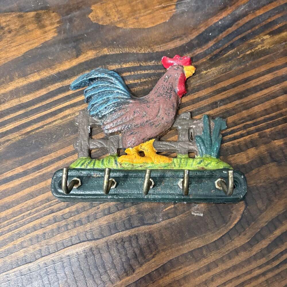 Cast Iron Rooster Key Holder 5 Hook Farmhouse Decor